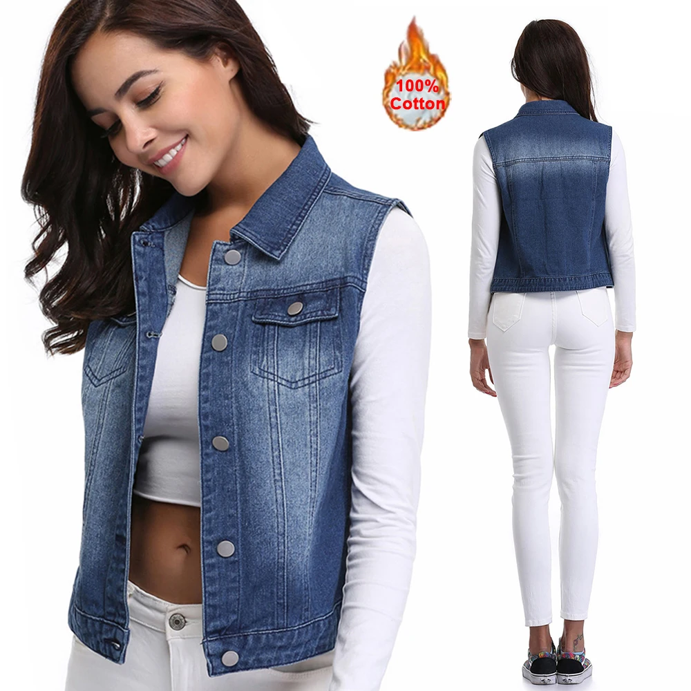 Мода Slim Fit джинсы для женщин куртка осень 2018 г. без рукавов Короткие повседневное