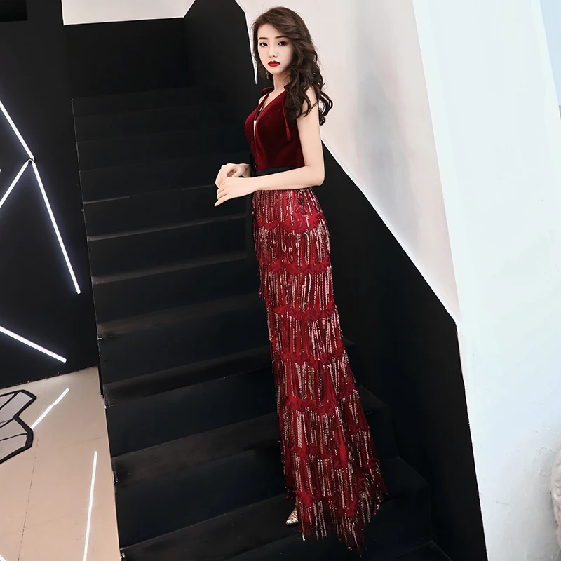 Вечернее платье weiyin De Soiree 2019 новые бордовые Стразы с кисточками сексуальное