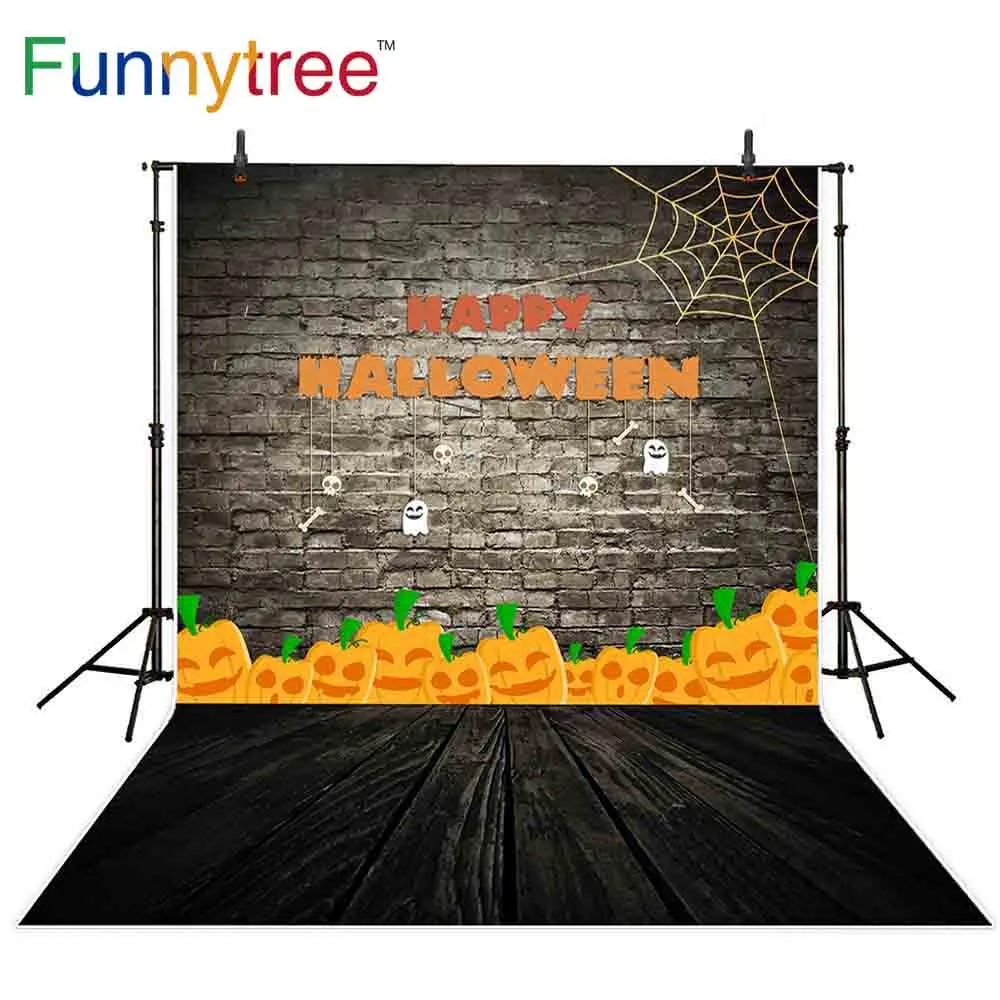 

Funnytree Halloween theme photography background wood floor brick wall pumpkin spider wed cute ghost backdrop new photo prop