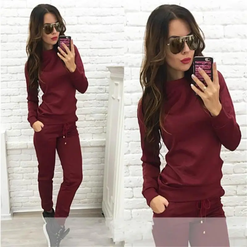 Осень зима новый сплошной цвет спортивный свитер костюм модный Женский