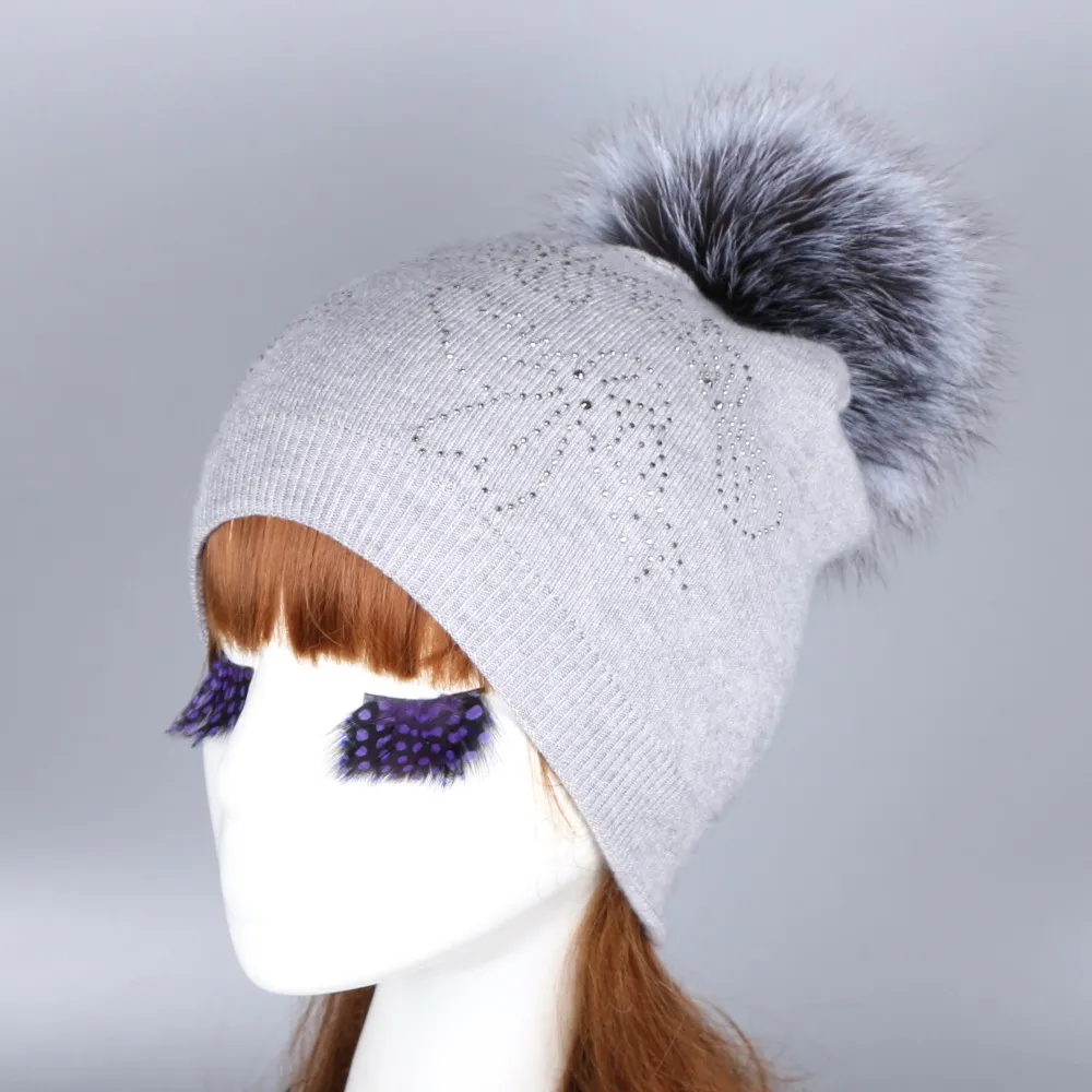 Оптовая продажа женская модная шерстяная зимняя шапка с помпоном из лисы и норки