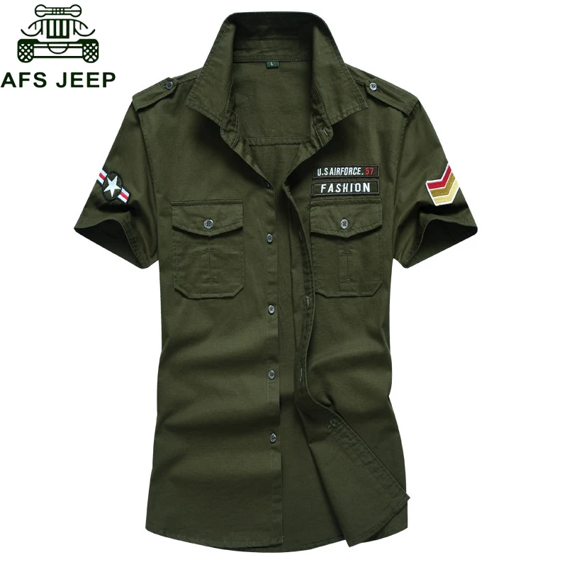 army green 1 AFS JEEP, летняя рубашка в стиле милитари для мужчин, хлопок, короткий рукав, повседневные рубашки для мужчин, большой размер, M-6XL, 101, Airborne Tactical Camisa Militar - Цвет: army green 1