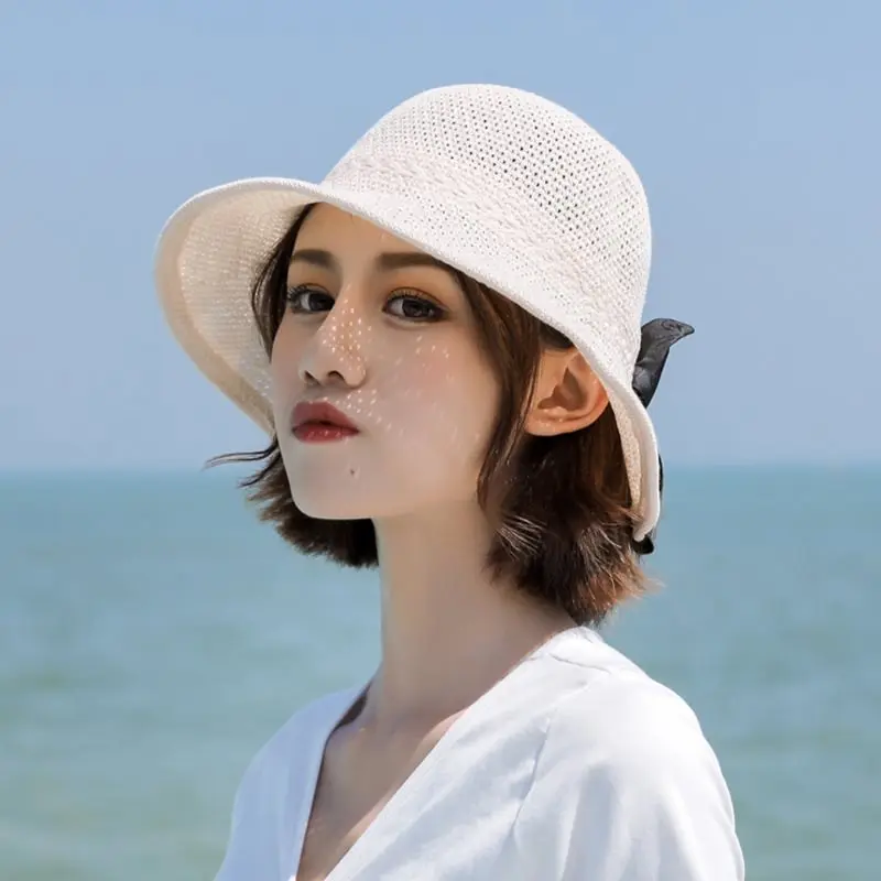 Spring Summer Bucket Hat Elegant Women Hollow Foldable Fisherman Hats For Lady knit Bow Travel Sun Girls Gift Female | Аксессуары для