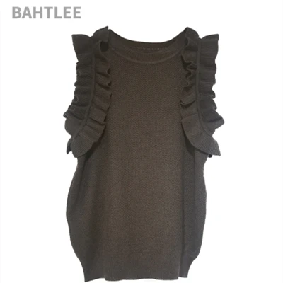 Black BAHTLEE Summer Frilled Trim knitted Slim Fitted Tee Sleeveless T-shirt Women Elegant Solid O-neck sweater Tshirt ruffles - Цвет: Black