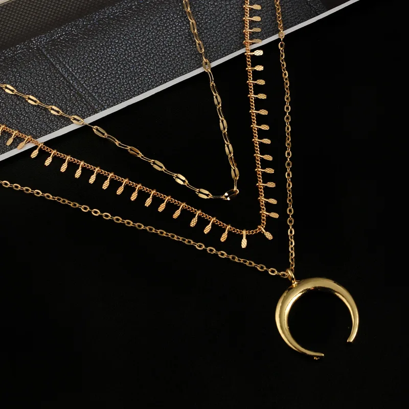 Vintage Multilayer Acrylic Ox Horn Moon Tattoo Chokers Long Necklaces Boho Necklace Bijoux Handmade for Women Summer Fashion | Украшения и