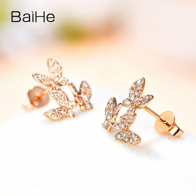 BAIHE Solid 14 K розовое золото H/SI 0.28ct круглые натуральные Алмазы обручальные модные ювелирные изделия элегантные серьги-гвоздики