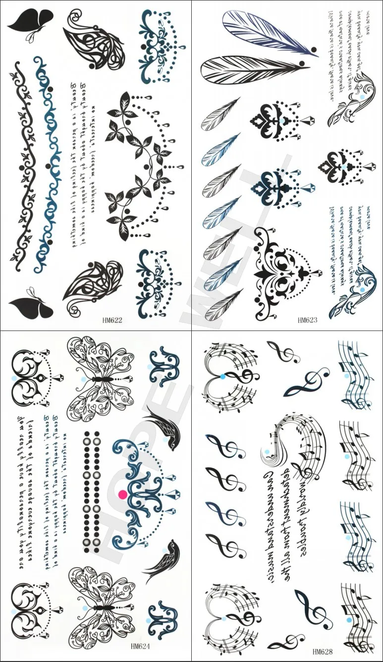 4 листа художественные буквы музыкальное перо Тотем черная временная татуировка