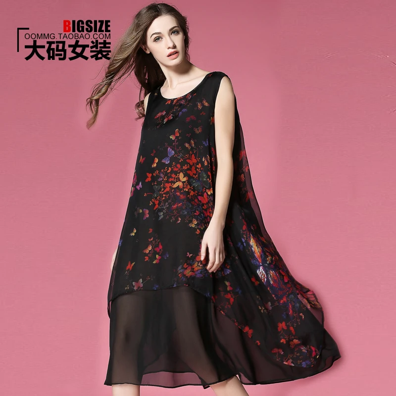 

2018 Large Size Summer Women New Long Paragraph Loose Bottoming Sleeveless Beach Dress Chiffon Dress