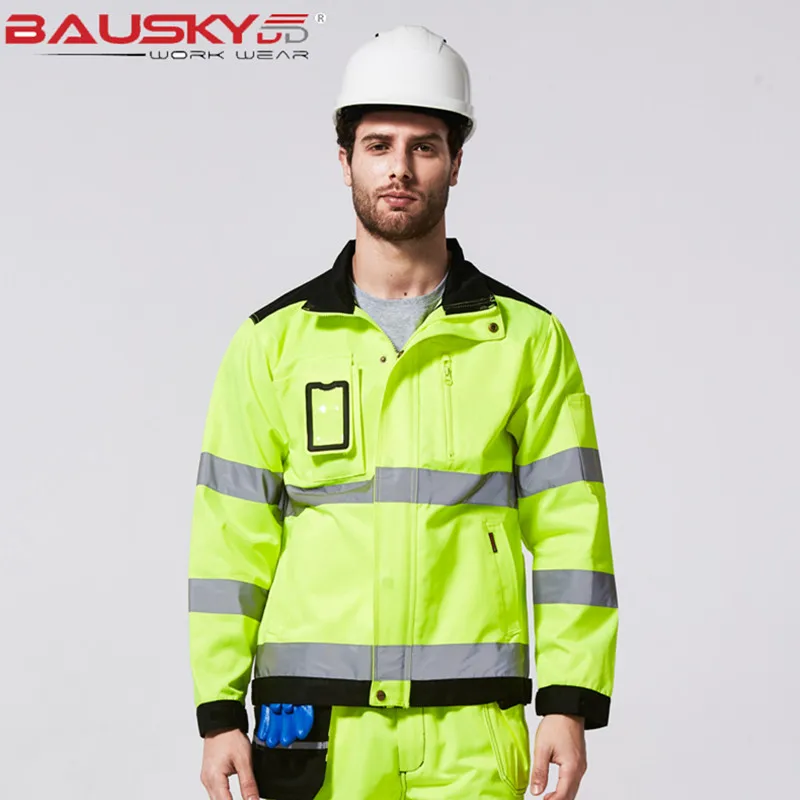 jacket Bauskydd высокая видимость Светоотражающая Спецодежда костюм наборы Рабочий костюм флуоресцентная желтая Рабочая куртка и рабочие штаны с наколенниками - Цвет: jacket