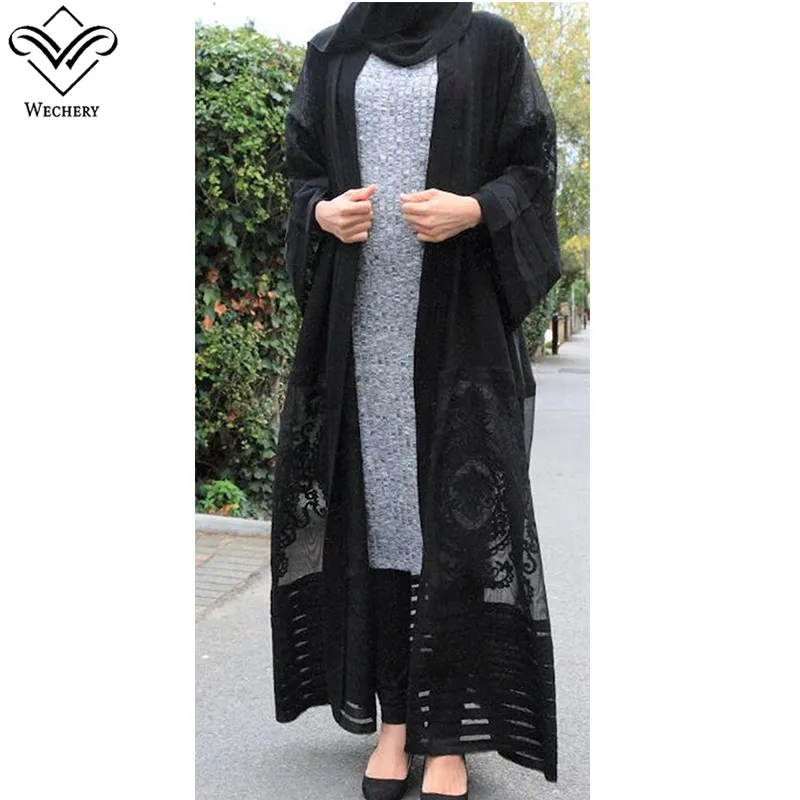Wechery/модное кимоно abaya с кружевными вставками, Длинное свободное мусульманское платье макси, мусульманская одежда с цветочным принтом, открытая одежда, большие размеры - Цвет: Черный
