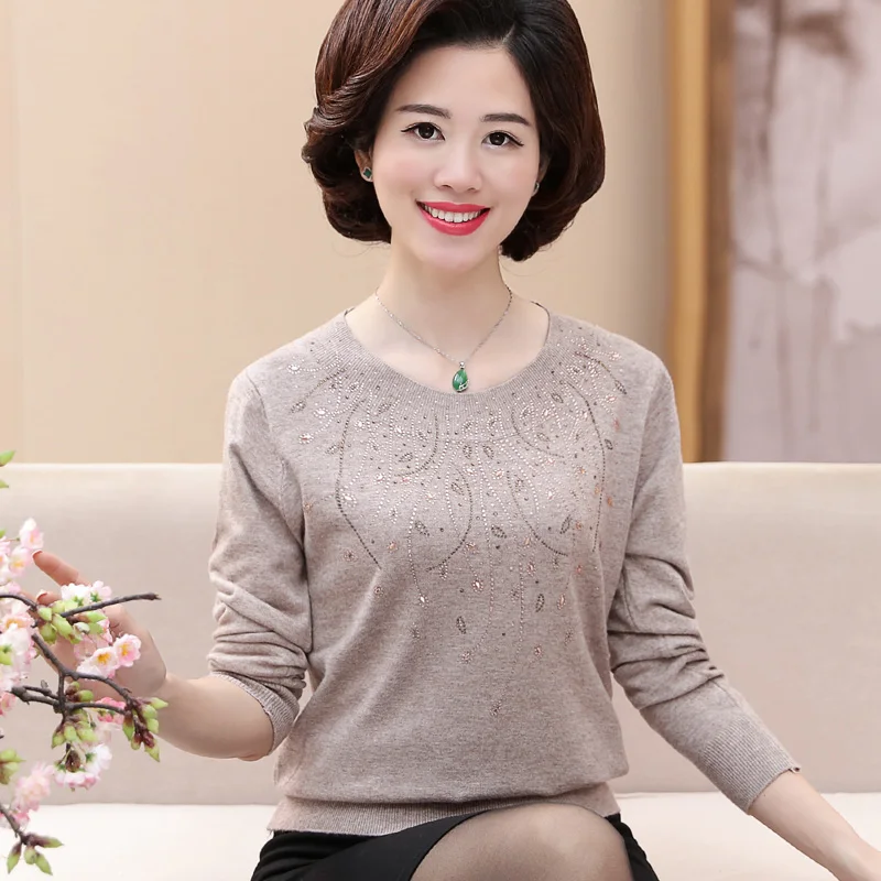 Middle-Aged Women Pullover Sweater Lace O-Neck Long-Sleeved Plus Size 40-50 Years Old Mother Knitted T322 | Женская одежда