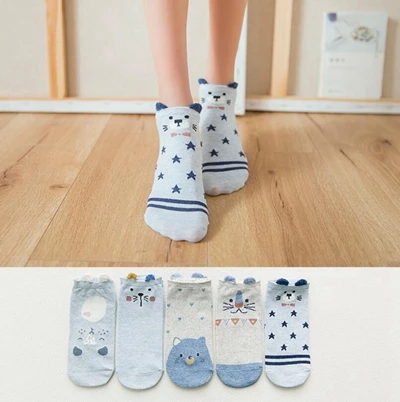 17 5pairs Women Cute Socks Harajuku Cartoon Cat Pattern Casual Cotton Happy Funny Female Ankle Socks Thin Summer Low Cut Style - Цвет: 17