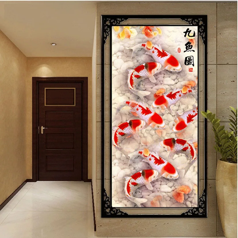 DIY 5D Nine fish вышивка пейзажа, круглые или квадратные стразы, алмазная живопись, вышивка крестиком, вышивка рукоделие WG874