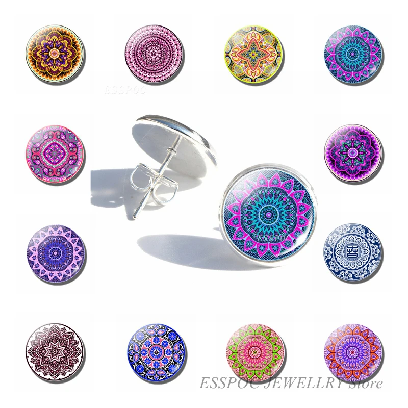Женские круглые серьги с фотографией мандалы модные Стеклянные Кабошоны