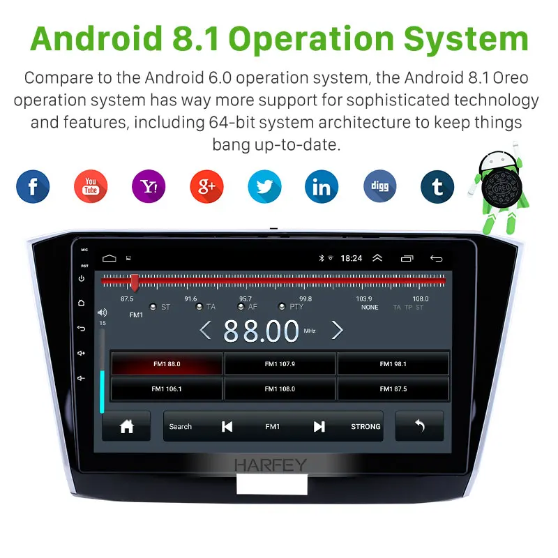 Harfey Car 10.1&quot Stereo HD GPS Bluetooth Android 8.1 Radio for VW Volkswagen Passat 2016 2017 2018 with USB support Carplay |