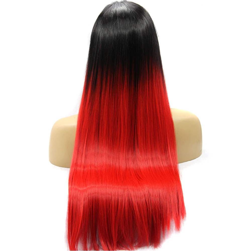 New Fashion Ombre Red Wig Cosplay Glueless Synthetic Lace Front Heat Resistant Silky Straight Hair Long with Bangs |