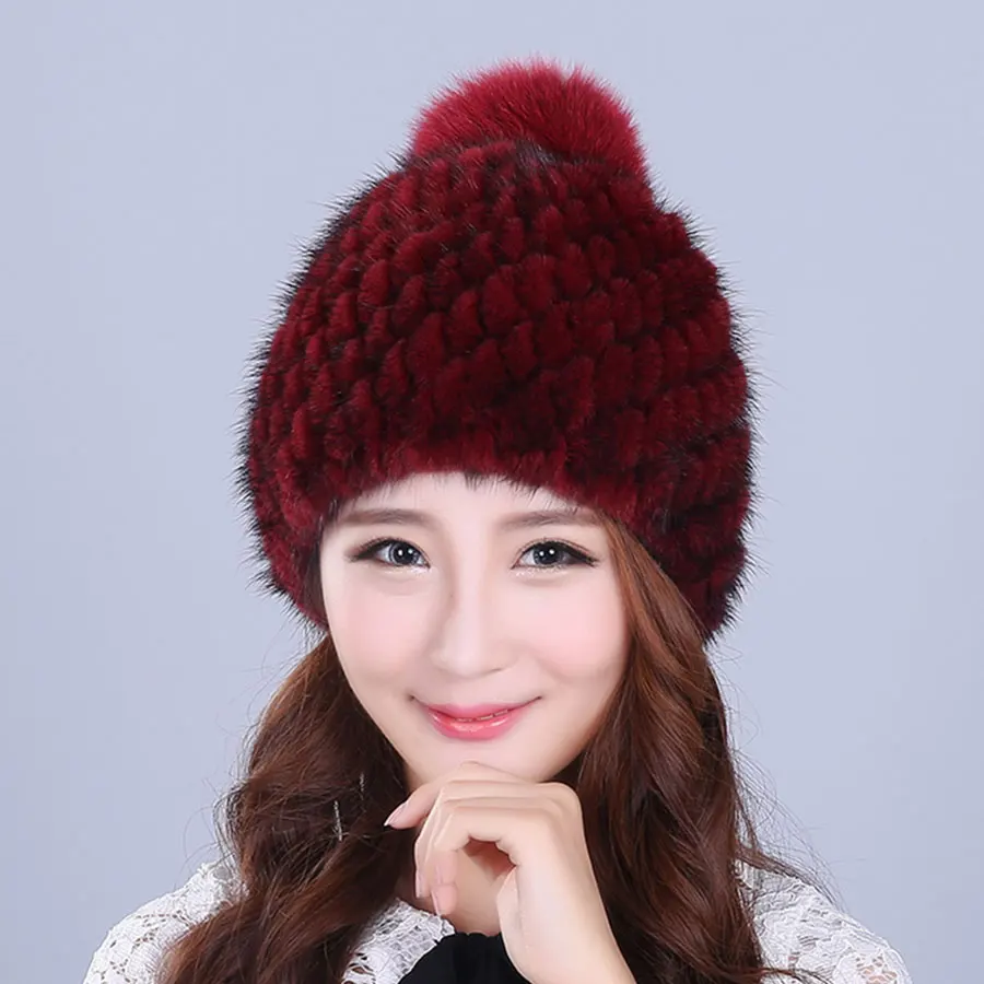 2018 Real Fur Hat Women New Winter Natural Mink Lining Knitted Beanie Red Wine Elegant Brown Black Solid | Аксессуары для одежды