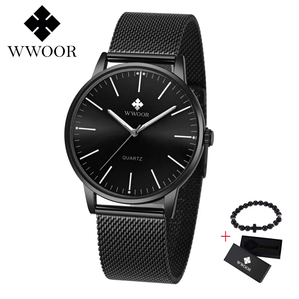 black WWOOR Топ Бренд роскошные мужские s часы для мужчин бизнес Кварцевые ультратонкие часы с циферблатом для мужчин спортивные водонепроницаемые золотые часы Relogio Masculino - Цвет: black