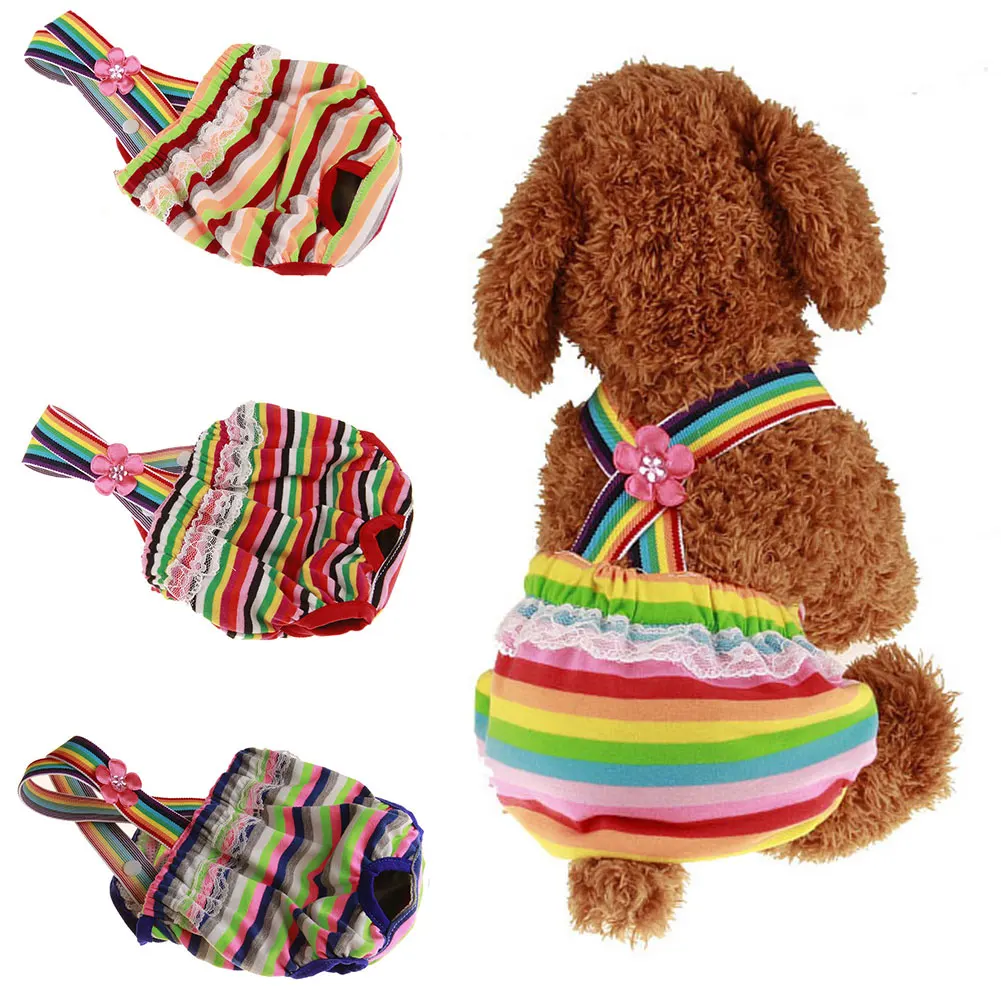 EMVANV Female Pet Sanitary Pant Dog Lace Rainbow Striped Underwear Puppy Cat Diaper Suspenders Physiological | Дом и сад