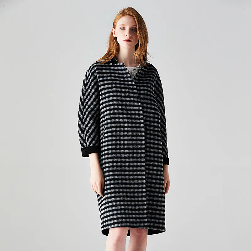 

long woolen blends cashmere coats for women 2019 autumn winter casual ladies jackets plus size overcoat grey plaid single