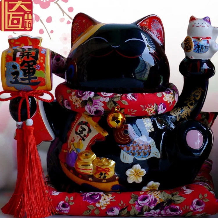 Черный Maneki Neko керамический счастливый кот с Lute украшения для домашнего декора