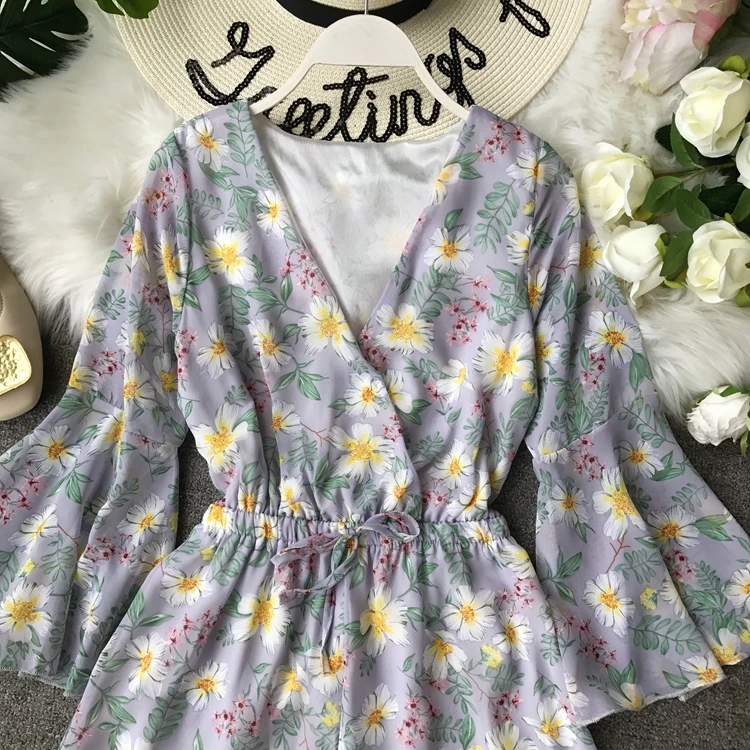 Цветочный короткий женский комбинезон с v-образным вырезом, пляжный Boho с принтом, с рюшами, сексуальный корейский элегантный шифоновый ромперы-туники, летний женский комбинезон