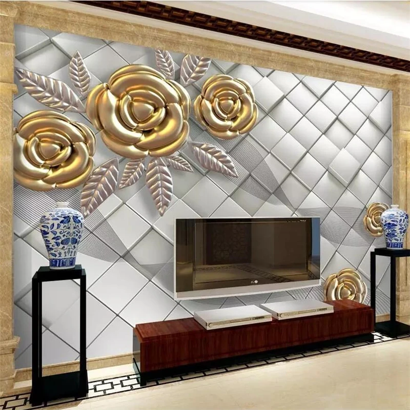 

beibehang Custom wallpaper 3d photo murals living room bedroom wallpaper 3D cubes embossed golden rose wallpaper papel de parede