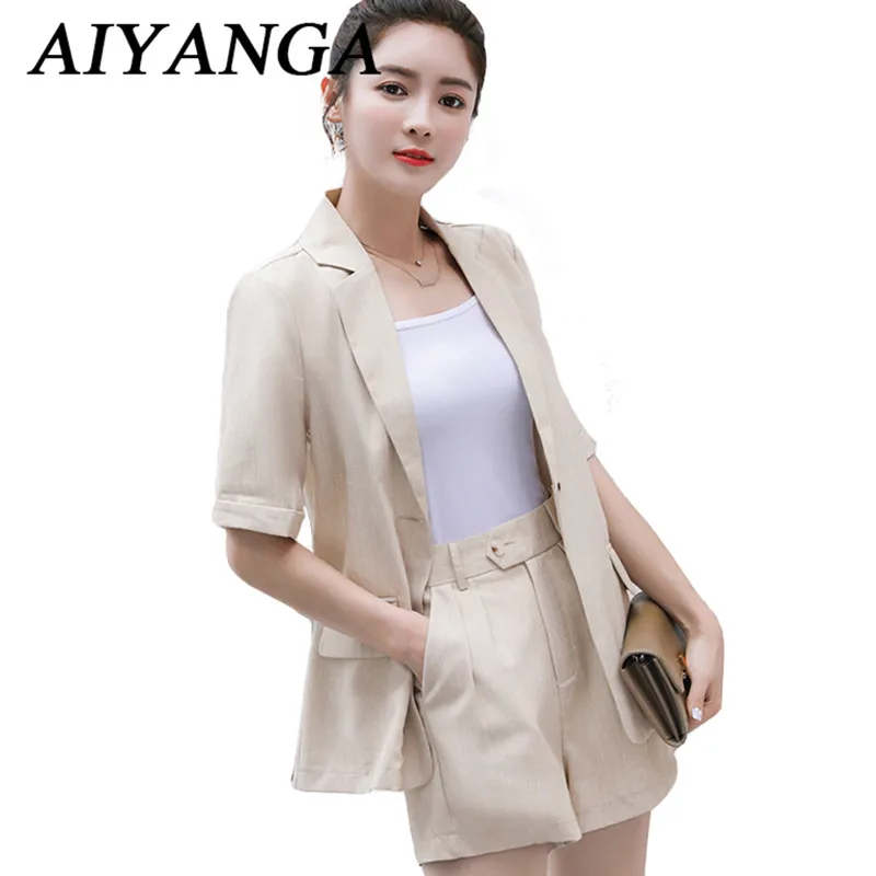 

Женский офисный костюм из 2 предметов, тонкий свободный спортивный костюм из хлопка и льна с высокой талией и шортами, лето 2018