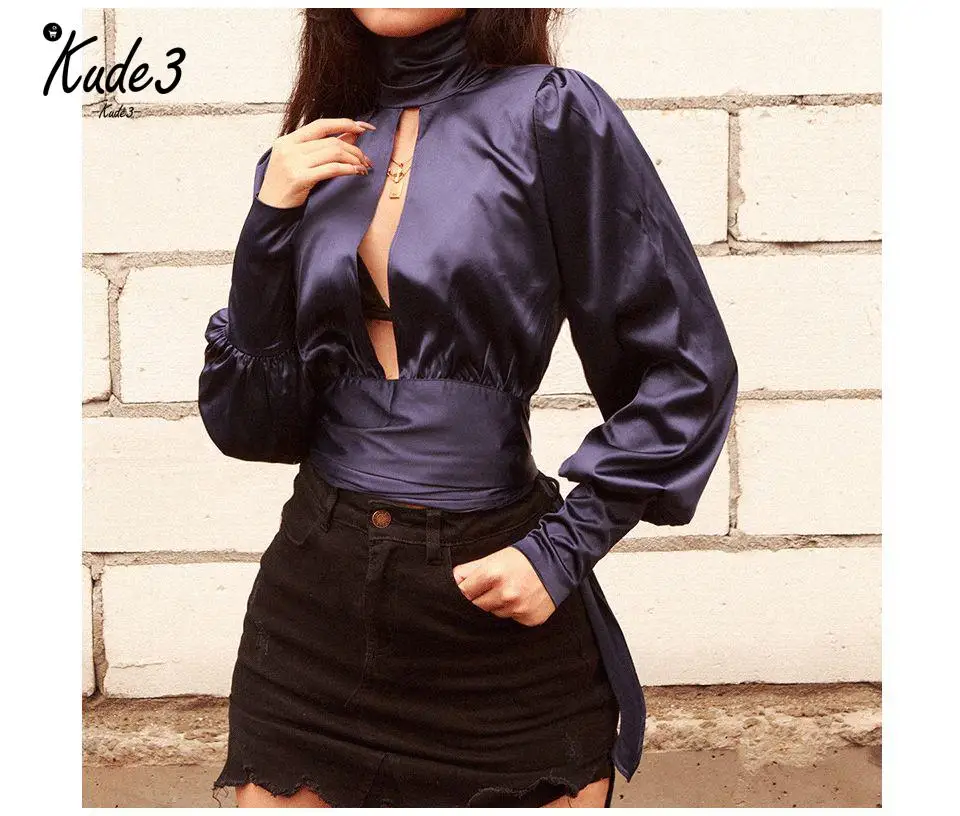 Для женщин пикантные кружево лук атласная блузка рубашка с высоким воротом