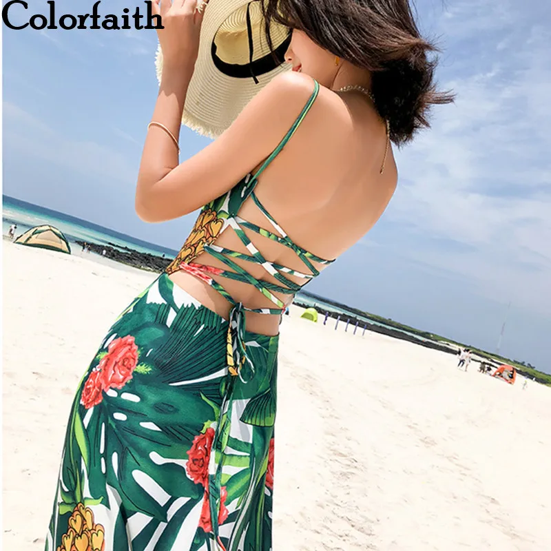 Женское платье с высокой талией Colorfaith длинное пляжное треугольным вырезом и