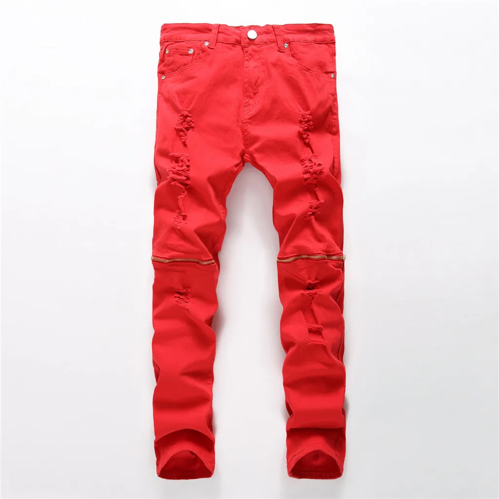 Новинка рваные красные мужские джинсы прямые джинсы-карго Стрейчевые с молниями