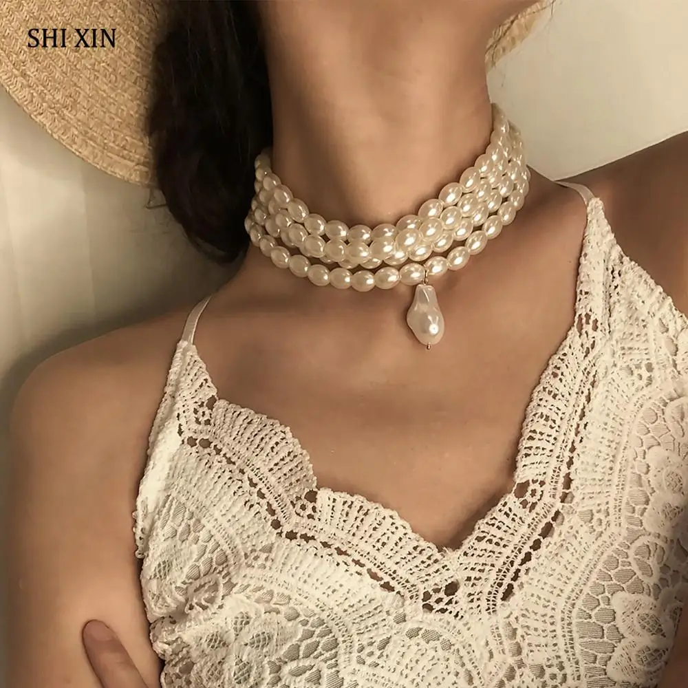 SHIXIN, многослойное жемчужное ожерелье для женщин,, модные жемчужные бусы, колье, ожерелье, Корейская леди, украшение воротника на шею, женское