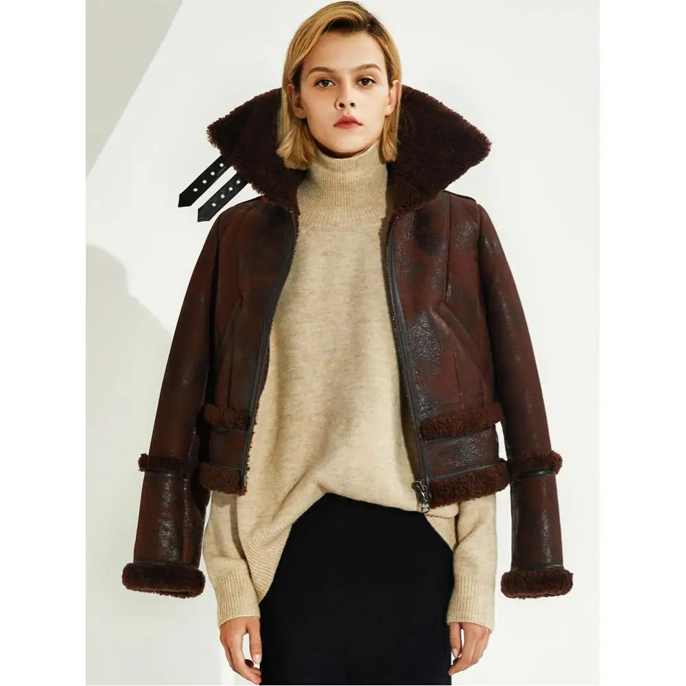Denny&Dora Women's Leather Winter Warm Short Shearling Jacket Motorcycle Leather Fur Jacket