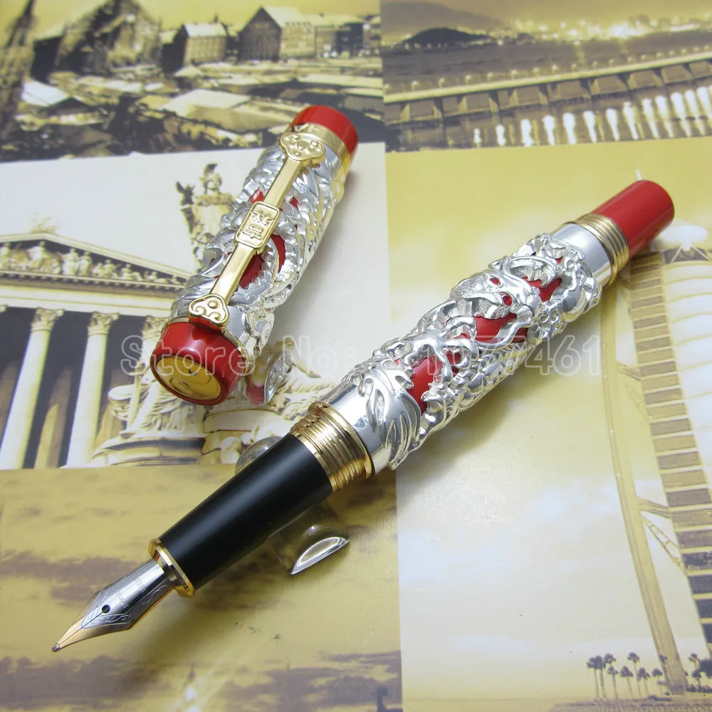 

JINHAO High quality Carving Dragon and Phoenix Lucky Clip Fountain Pen Silver Red White Red Silver Black Optional JU5585S