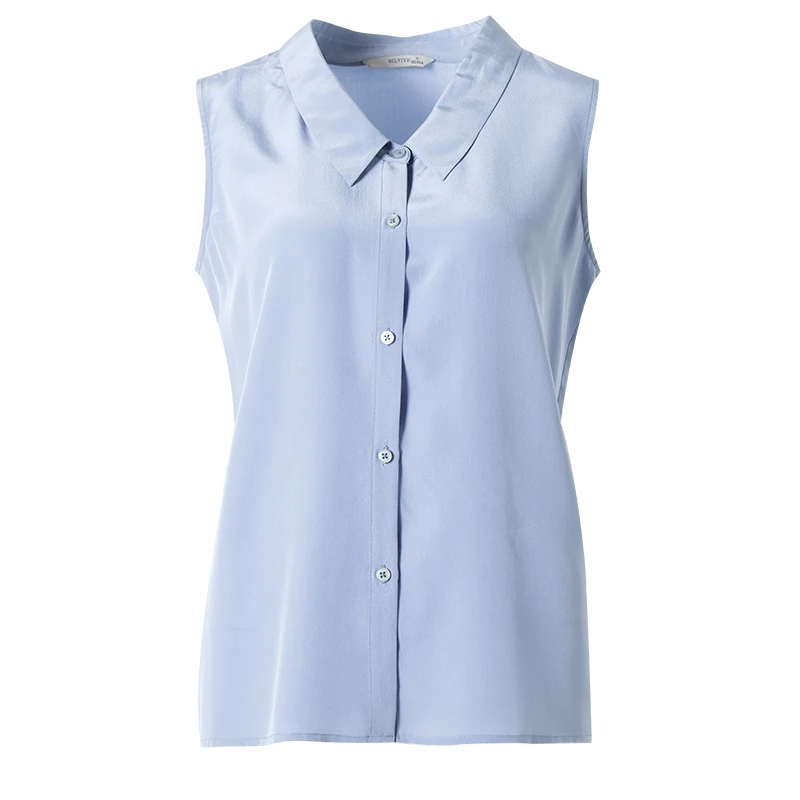 Women Silk Shirt 100%Real silk Sleeveless Solid Button T shirt 2019 Summer New Top Office lady Slate Blue | Женская одежда