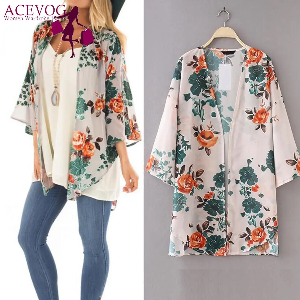 С принтом повседневные Цветочные Женщины Сплит шифон кимоно кардиган Пляж