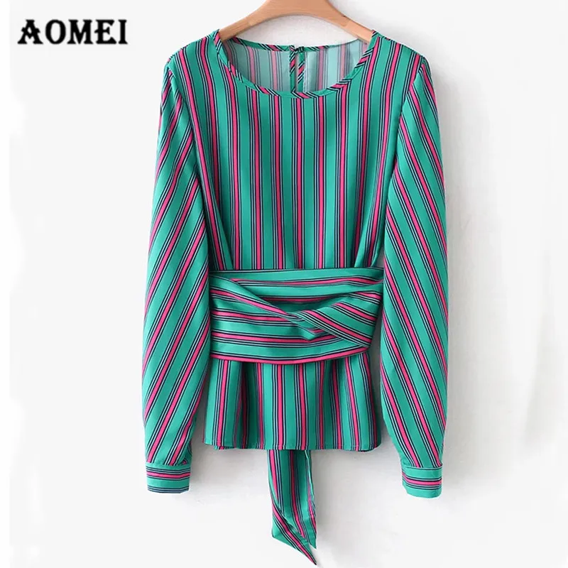 Women Blouse Shirts Striped Long Sleeve O Neck with Sashes New Arrival Office Ladies Spring Work Blouses Tops Blusas 2019 Wear |