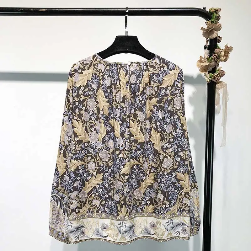 Boho Inspired black floral blouse long sleeve Spring Summer tops women buttons down O-neck oversized causal shirt new blusas |