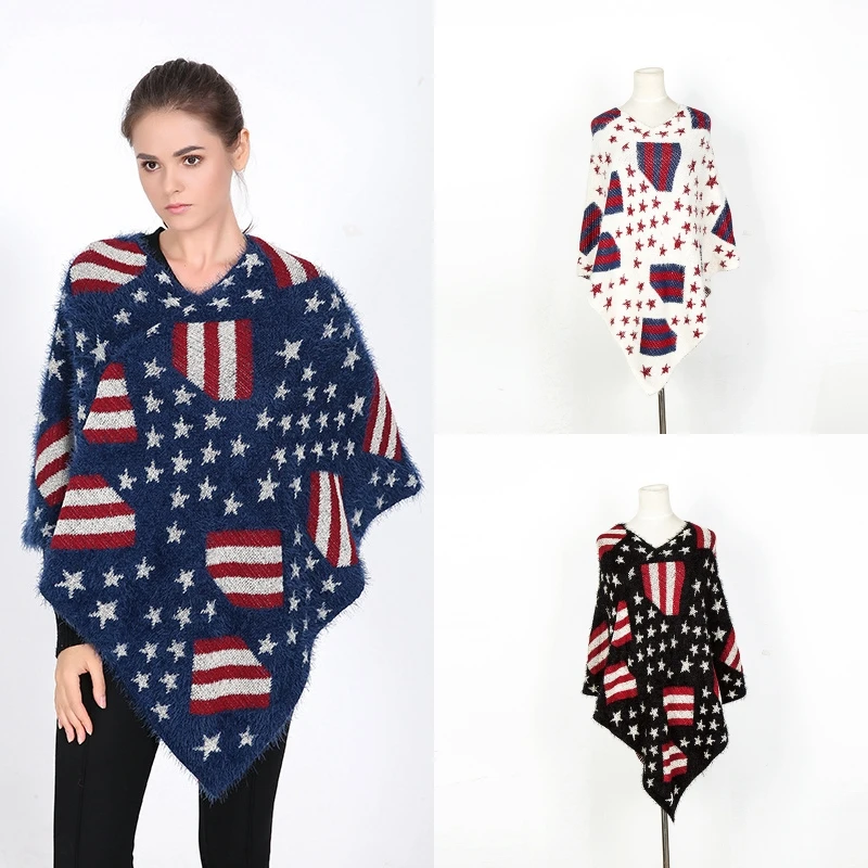 Модное женское пончо шаль с американским флагом пальто накидка звездная куртка