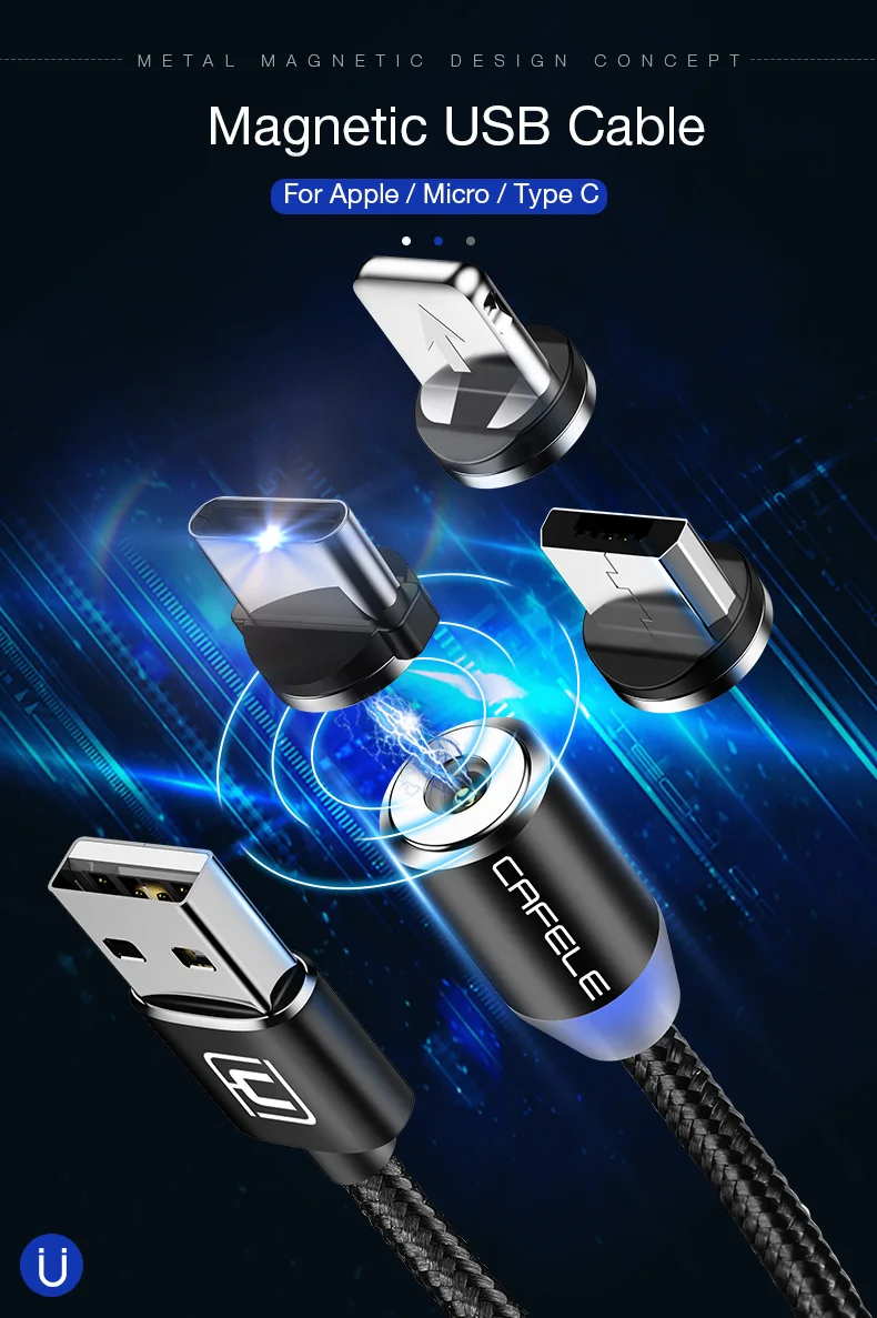 Cafele светодиодный магнитный USB кабель для iPhone, Micro USB кабель, USB C Магнитный зарядный нейлоновый кабель для телефонов samsung Xiaomi huawei