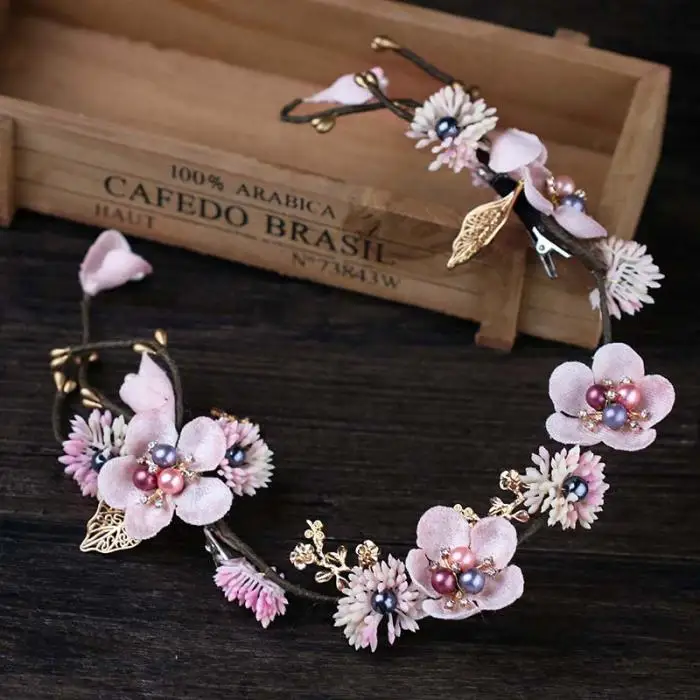 Bride Wedding Hair Jewelry Pink Peach Flower Wreath Crown Bridal Hair Headdress Crowns Hair Accessories Party Garlands