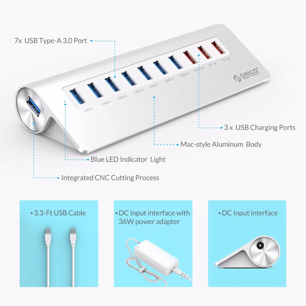 Usb-хаб ORICO с функцией зарядки 7 портов USB3.0 концентратор 5 Гбит/с В зарядный порт