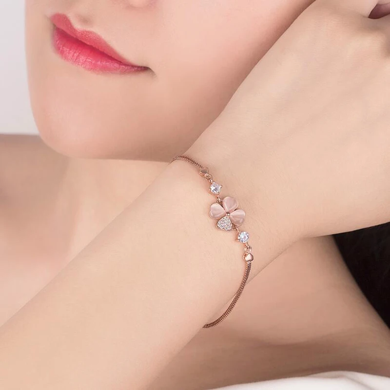 KOFSAC New Fashion 925 Silver Bracelets For Women Luxury Crystal CZ Sweet Love Heart Four Clover Bangle Valentine's Day Jewelry |
