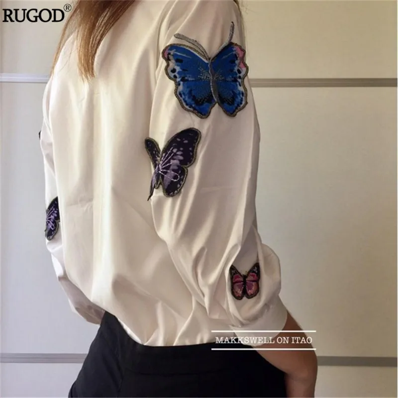 Белая Блузка 2017 Весна Лето С Длинным Рукавом Бабочка Вышивка Аппликации