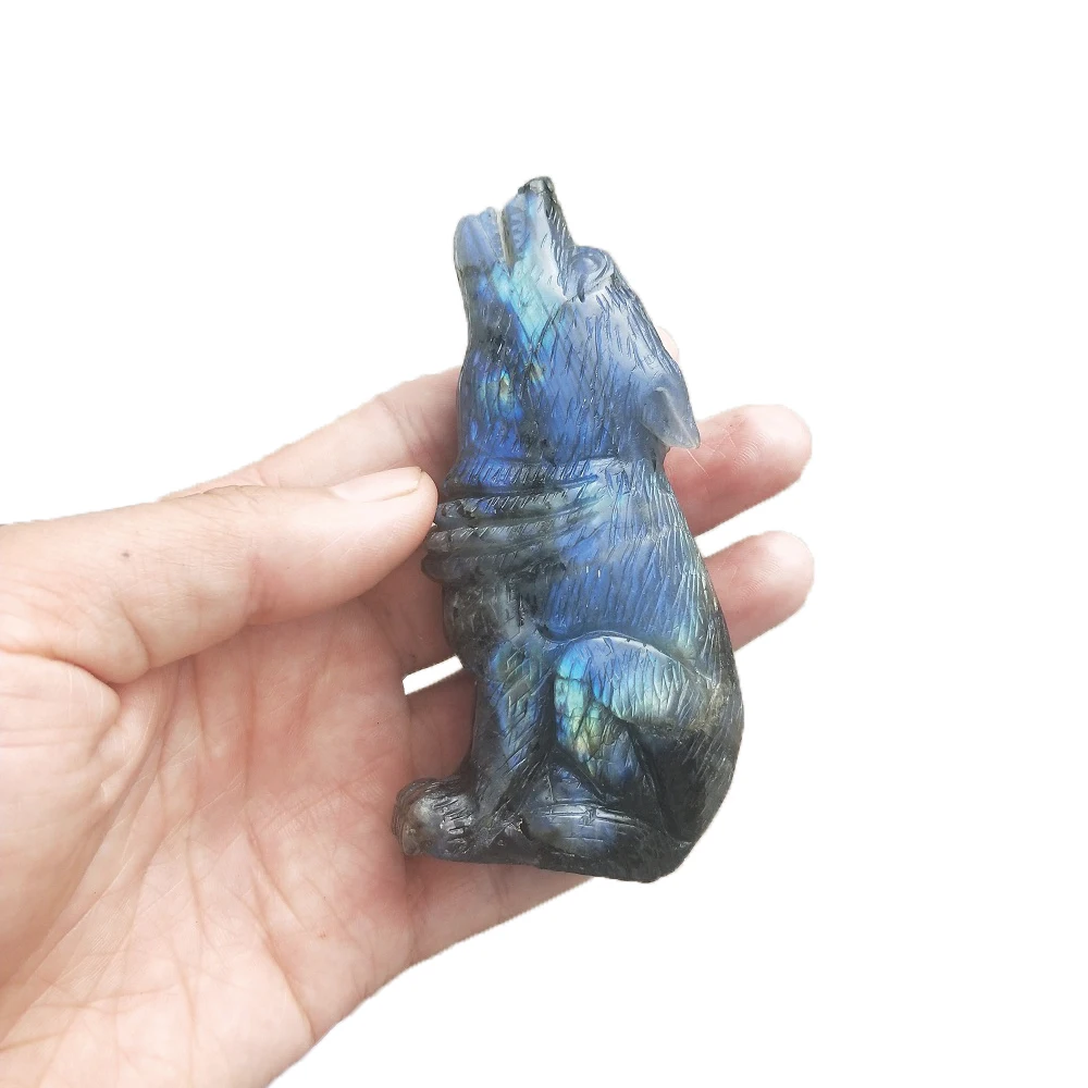 

Natural stone labradorite spirit beast wolf lapis lazuli Fluorite Head Crystal Carving statue Ornament Animal sculpture Crafts