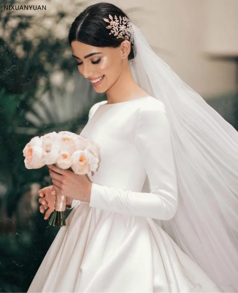 Элегантные атласные свадебные платья Vestido De Noiva пляжный костюм с длинным рукавом свадебное платье на заказ свадебные платья