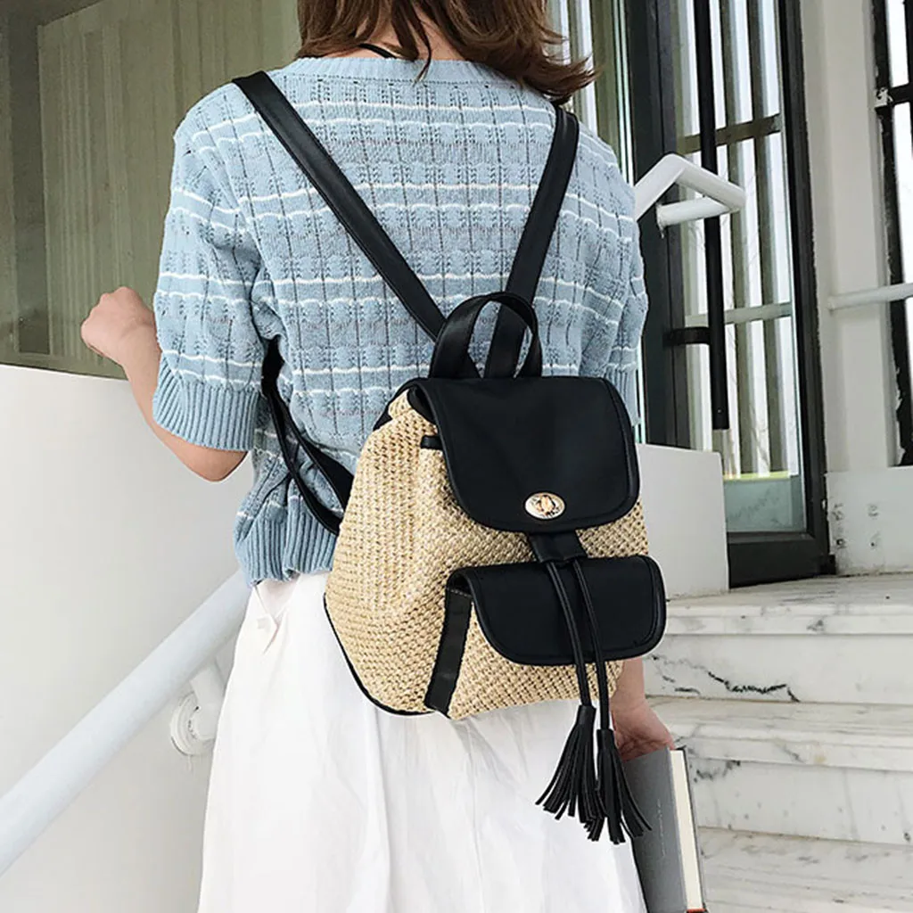 Straw woven backpack lady tassel summer girl student quality travel bag books backpack#g35 | Багаж и сумки