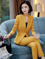 2018 autumn winter fashion yellow formal blazers and pants sets women business work wear pantsuits female pants suits ol styles