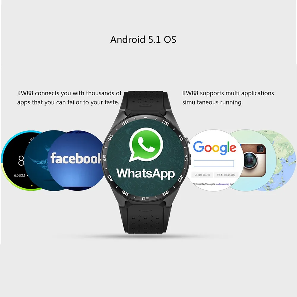 Оригинальный KingWear KW88 Android 5 1 39 ''экран 3g Smartwatch телефон MTK6580 четырехъядерный 512 Мб