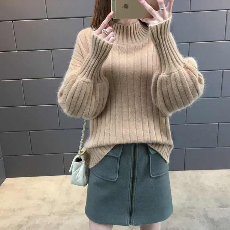 Зимние женские свитера с длинным рукавом рукав-фонарик водолазка вязаный